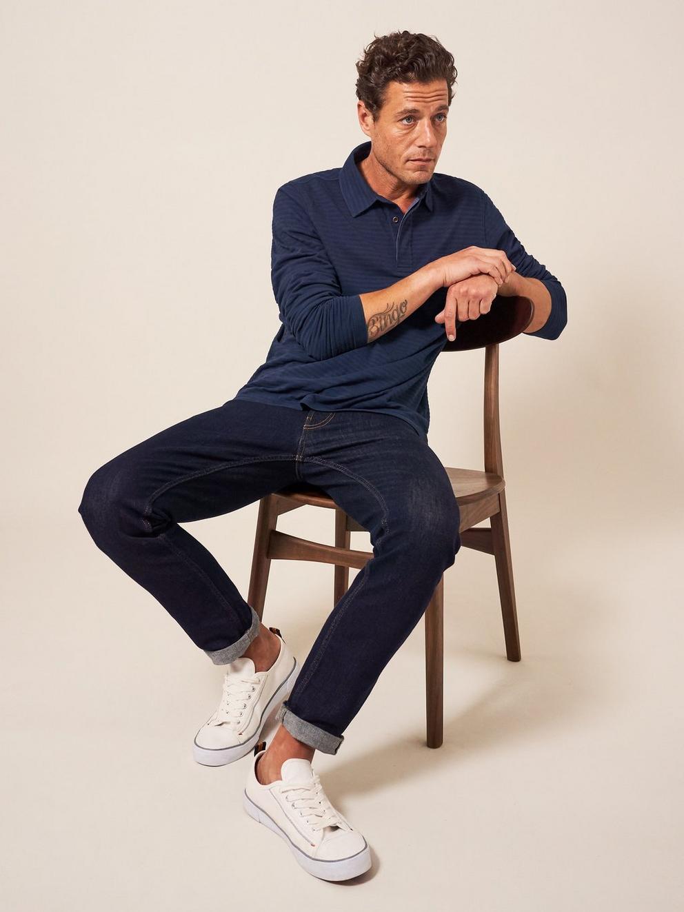 Pique Texture Stripe LS Polo in DARK NAVY - MODEL FRONT