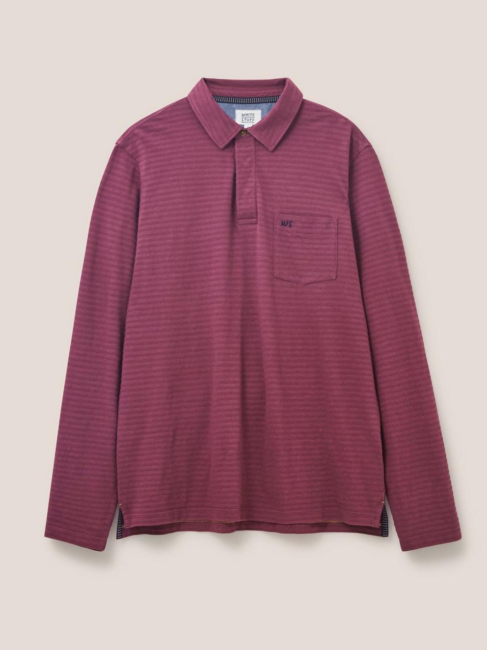 Pique Texture Stripe LS Polo in DK RED - FLAT FRONT