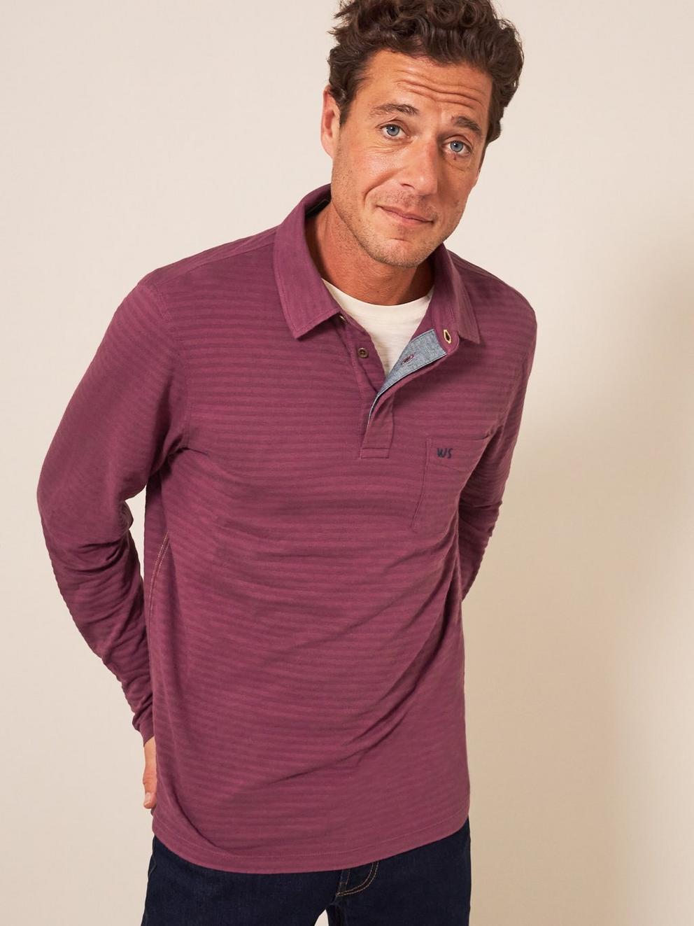 Pique Texture Stripe LS Polo in DK RED - LIFESTYLE