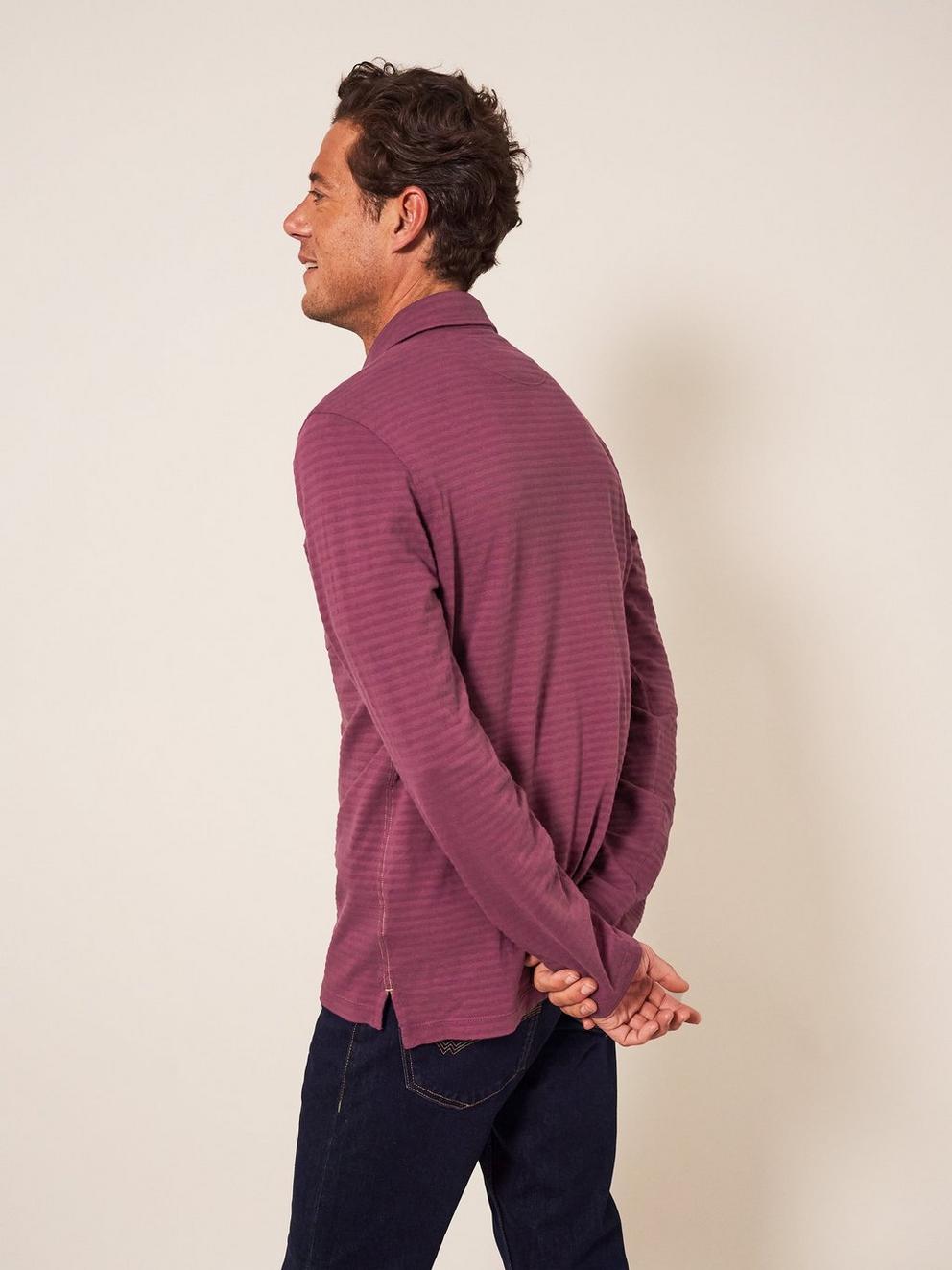 Pique Texture Stripe LS Polo in DK RED - MODEL BACK