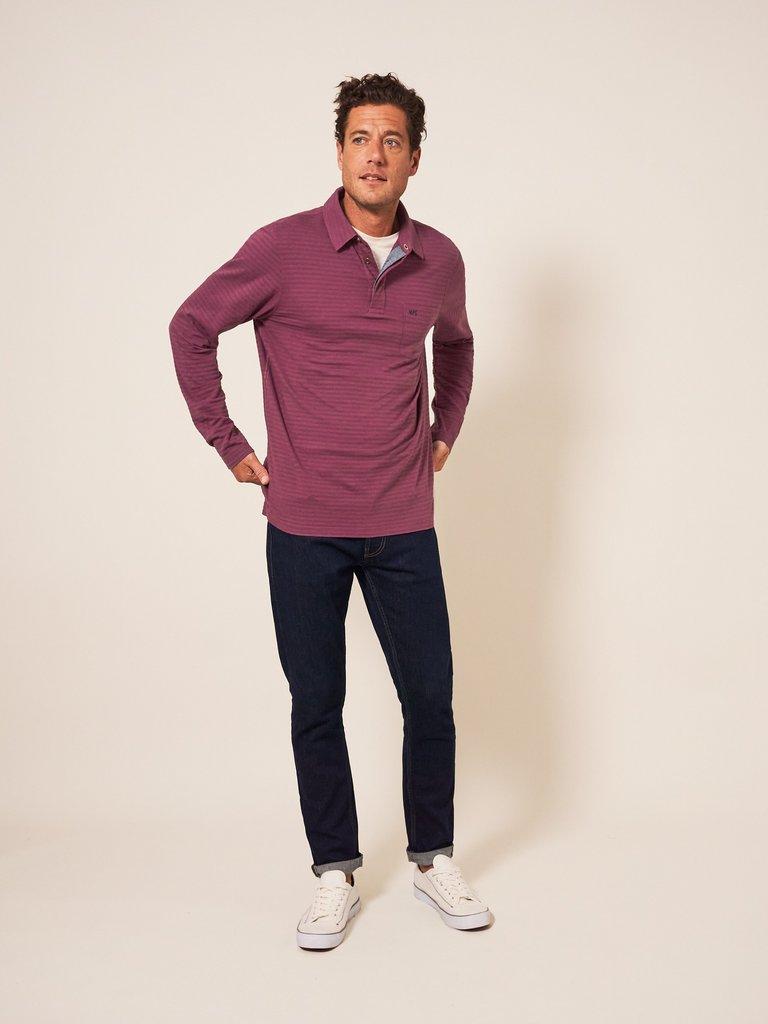 Pique Texture Stripe LS Polo in DK RED - MODEL FRONT