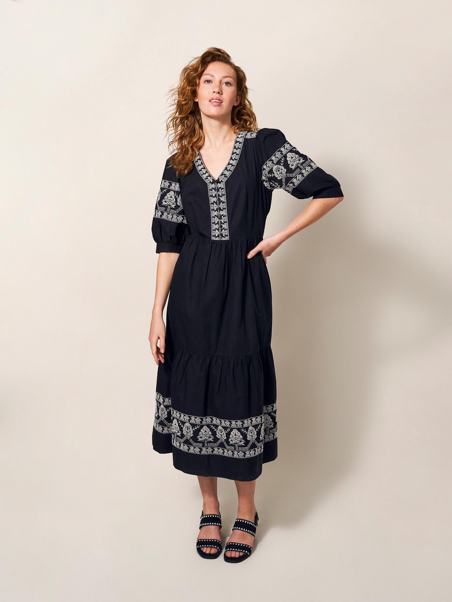 Dulcie Embroidered Midi Dress in BLACK MULTI | White Stuff