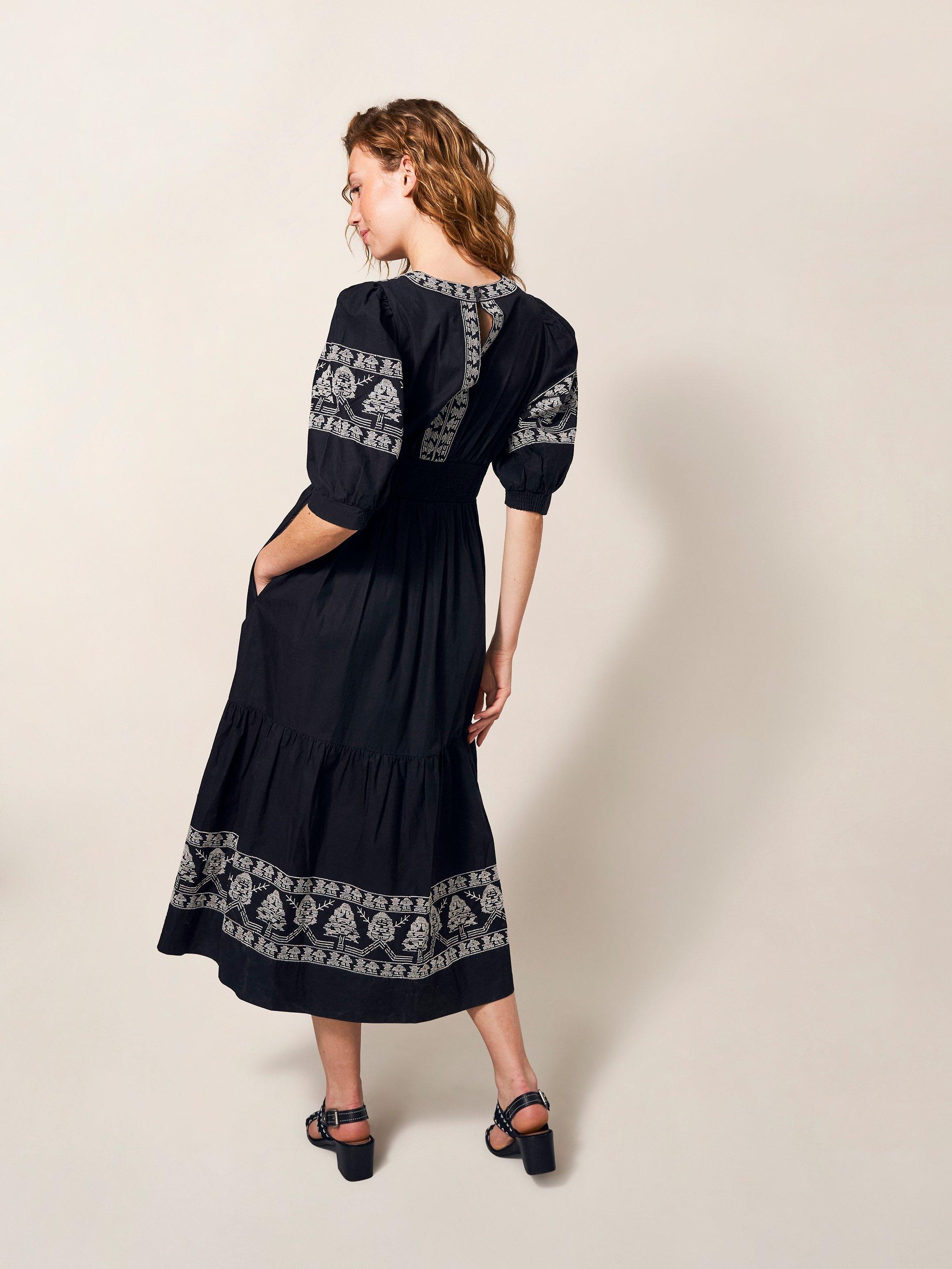 Dulcie Embroidered Midi Dress in BLK MLT - MODEL BACK