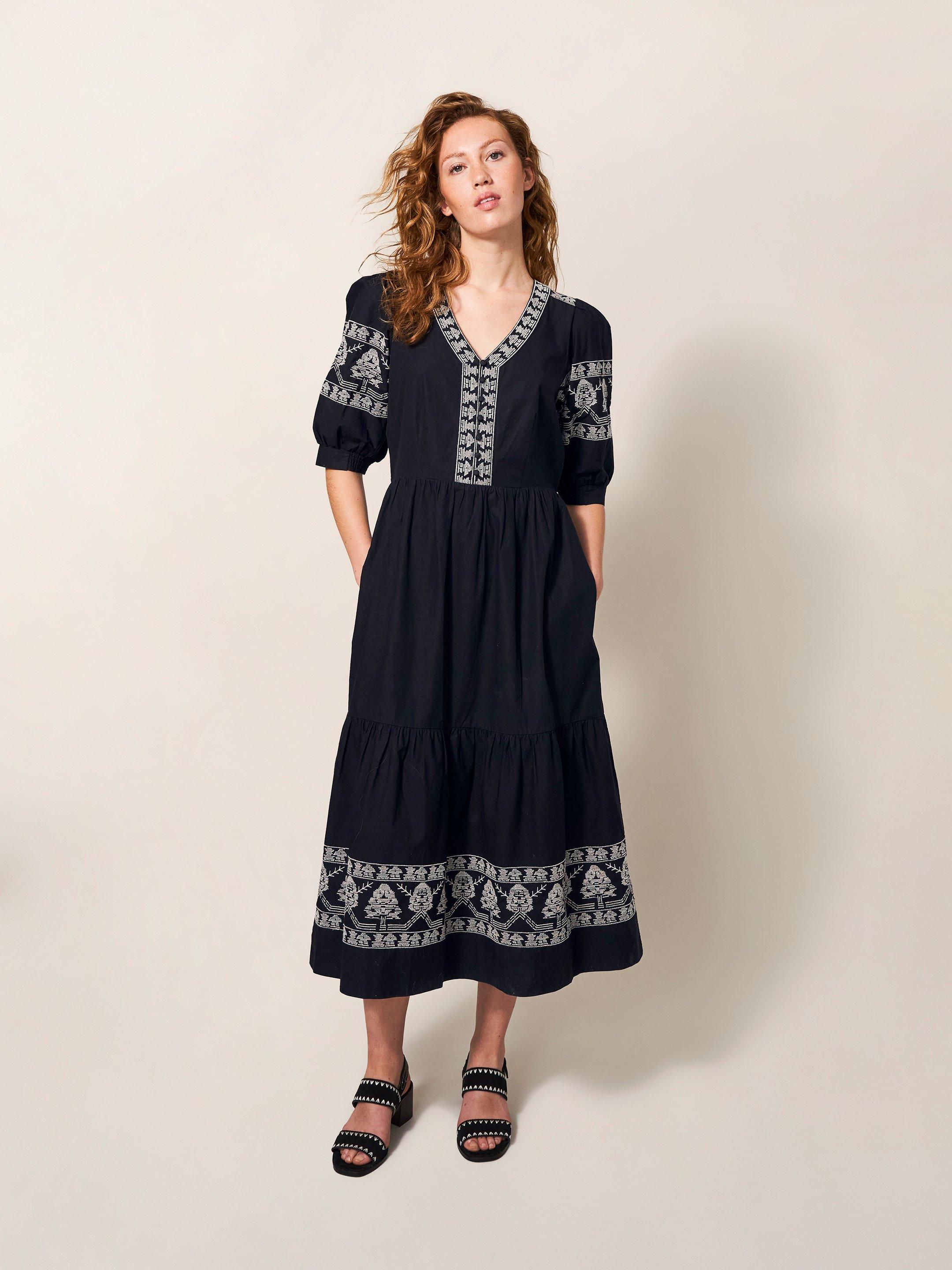 Dulcie Embroidered Midi Dress in BLK MLT - MODEL FRONT