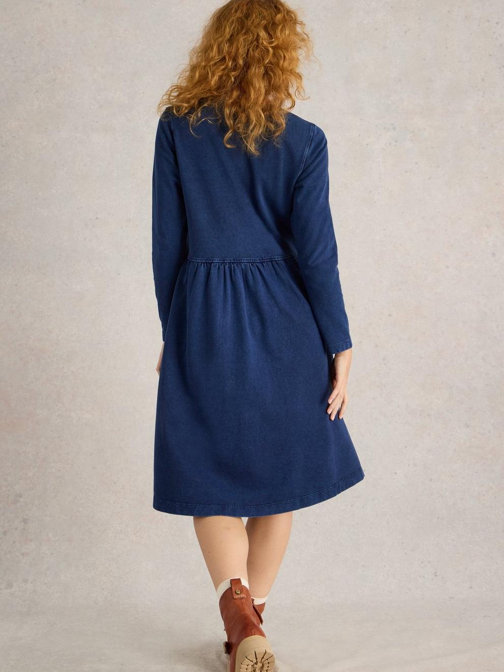 Marsia Denim Jersey Dress in MID DENIM - MODEL BACK