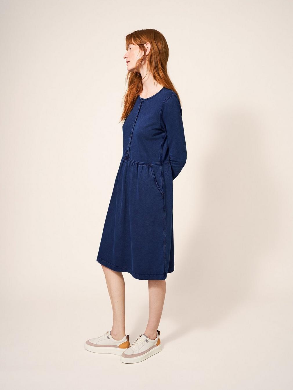 Marsia Denim Jersey Dress in MID DENIM - MODEL DETAIL