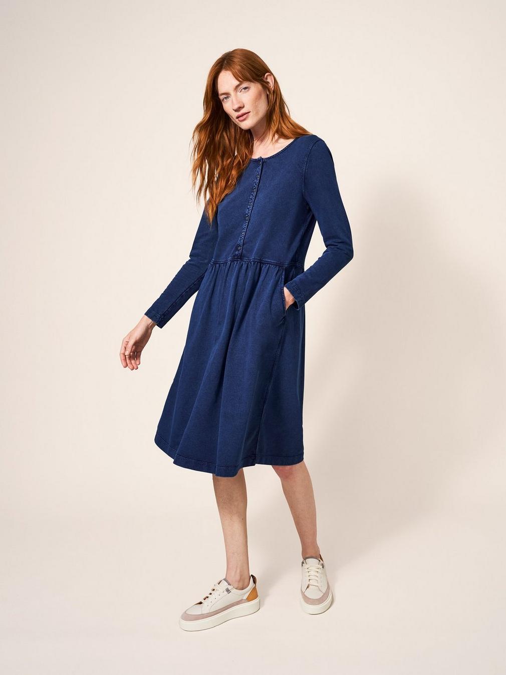 Marsia Denim Jersey Dress in MID DENIM - MODEL FRONT