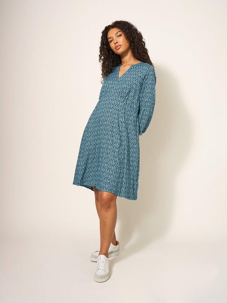 Frances Eco Vero Dress in TEAL MLT - MODEL DETAIL