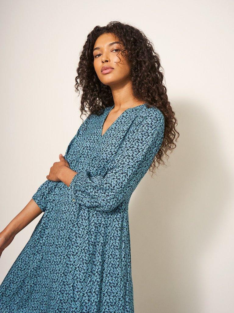 Frances Eco Vero Dress in TEAL MLT - MODEL FRONT