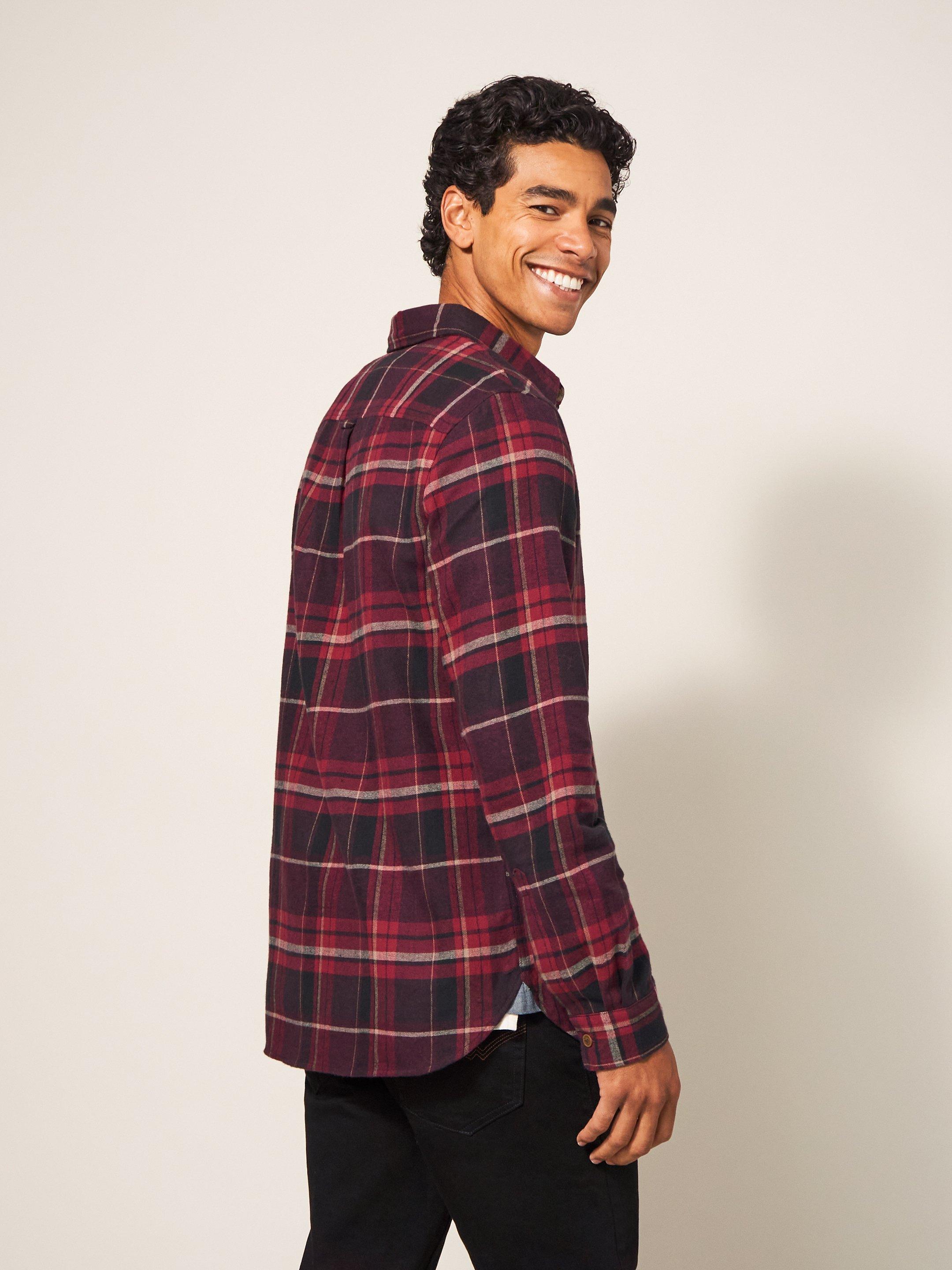 Moxley Brushed Check Shirt in DK RED - MODEL BACK