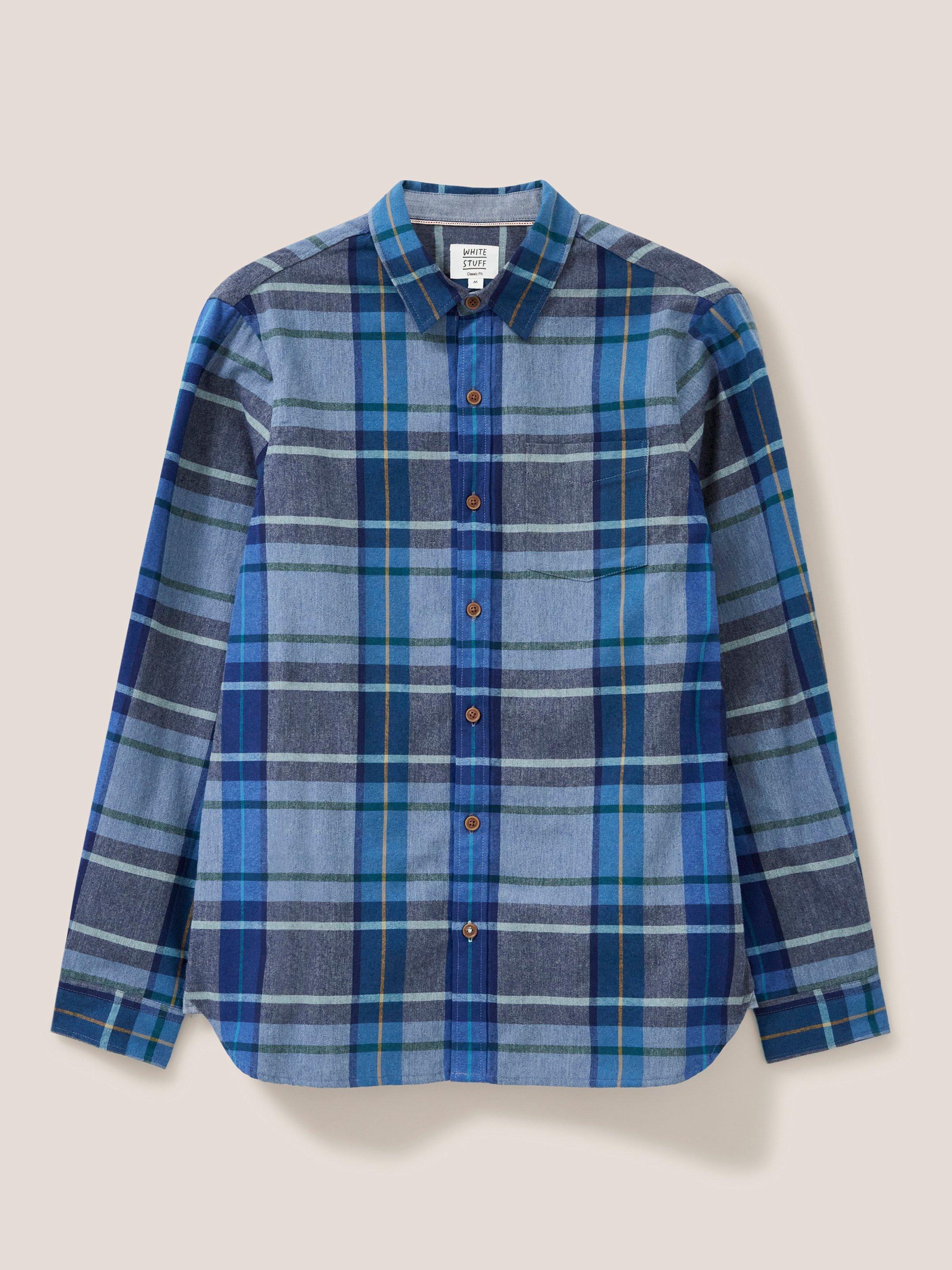 Moxley Brushed Check Shirt in MID BLUE - FLAT FRONT