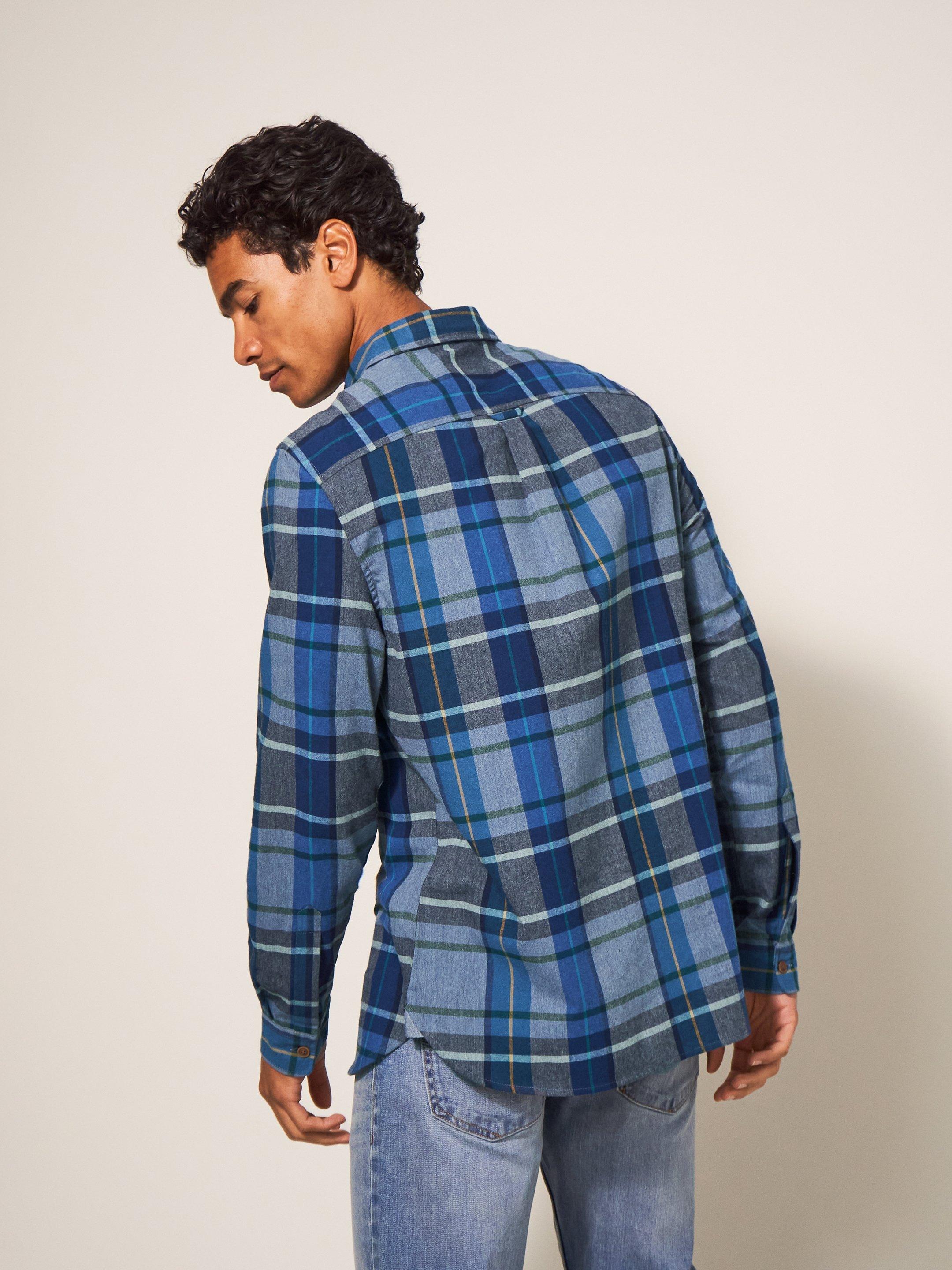 Moxley Brushed Check Shirt in MID BLUE - MODEL BACK
