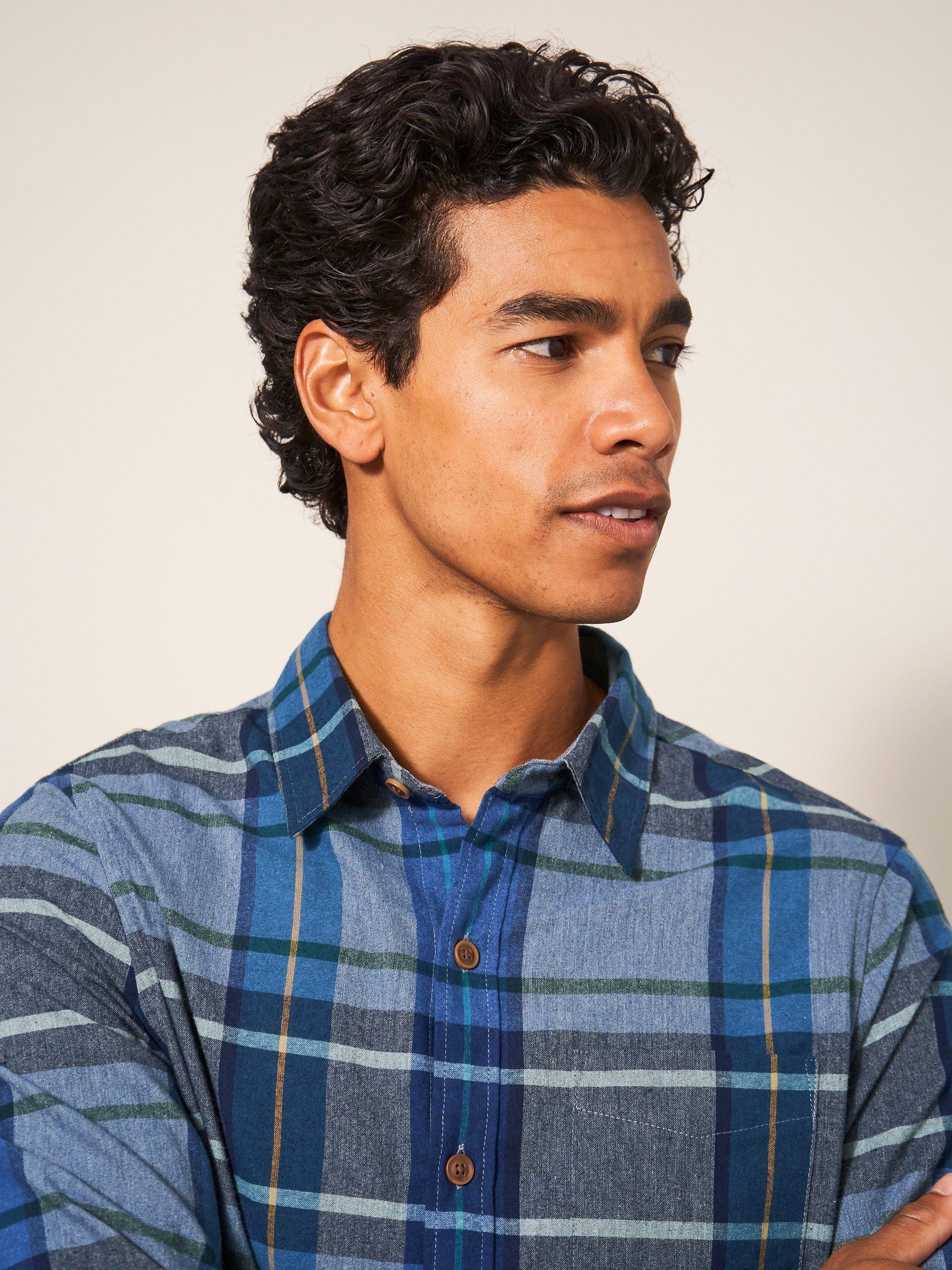 Moxley Brushed Check Shirt in MID BLUE - MODEL FRONT