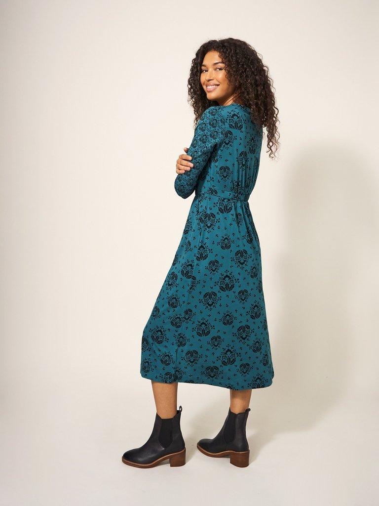 Mia Jersey Cotton Dress in TEAL PR - MODEL BACK