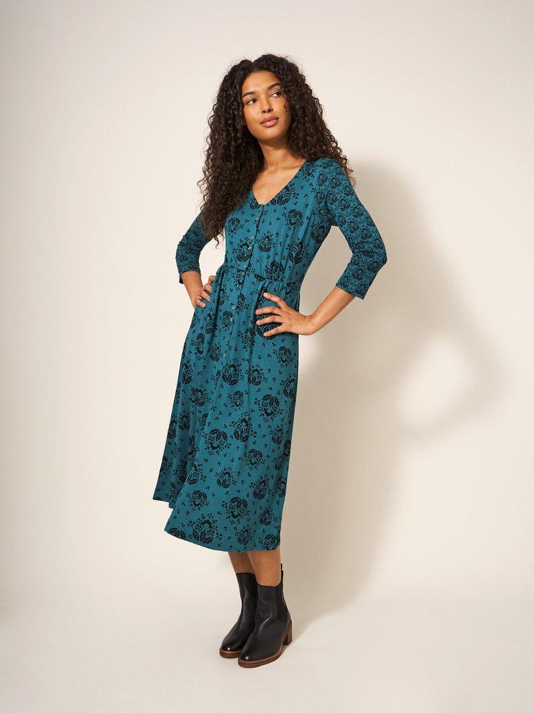 Mia Jersey Cotton Dress in TEAL PR - MODEL DETAIL