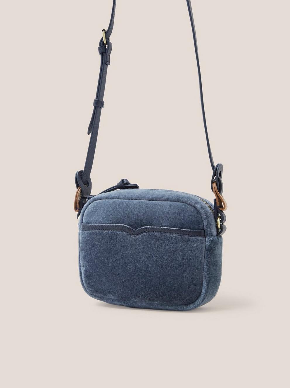 Lexi Velvet Mini Camera bag in DK TEAL - MODEL FRONT