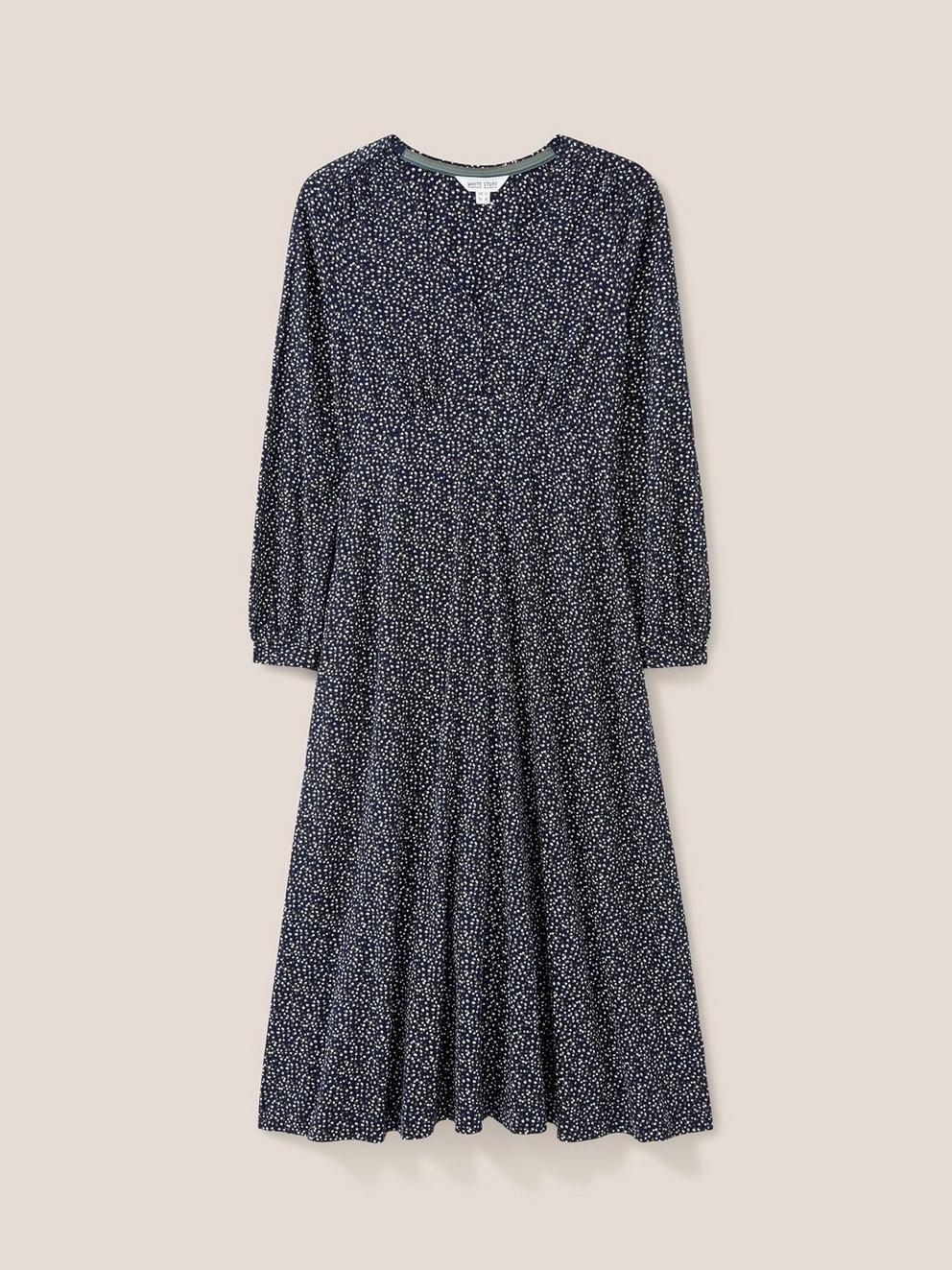 Megan Jersey V Neck Dress in NAVY MULTI - FLAT FRONT