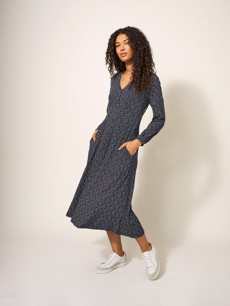 Megan Jersey V Neck Dress in NAVY MULTI - MODEL DETAIL