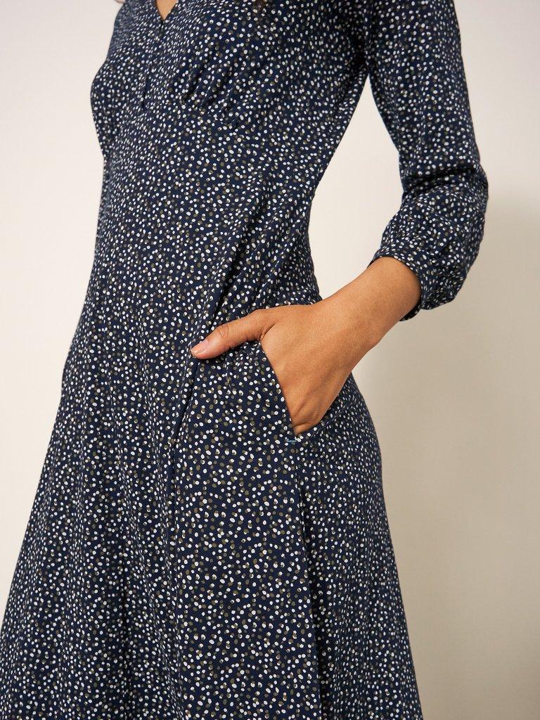 Megan Jersey V Neck Dress in NAVY MULTI - MODEL FRONT