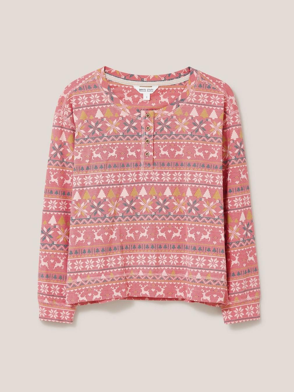 Fairisle Reindeer PJ Top in PINK MLT - FLAT FRONT