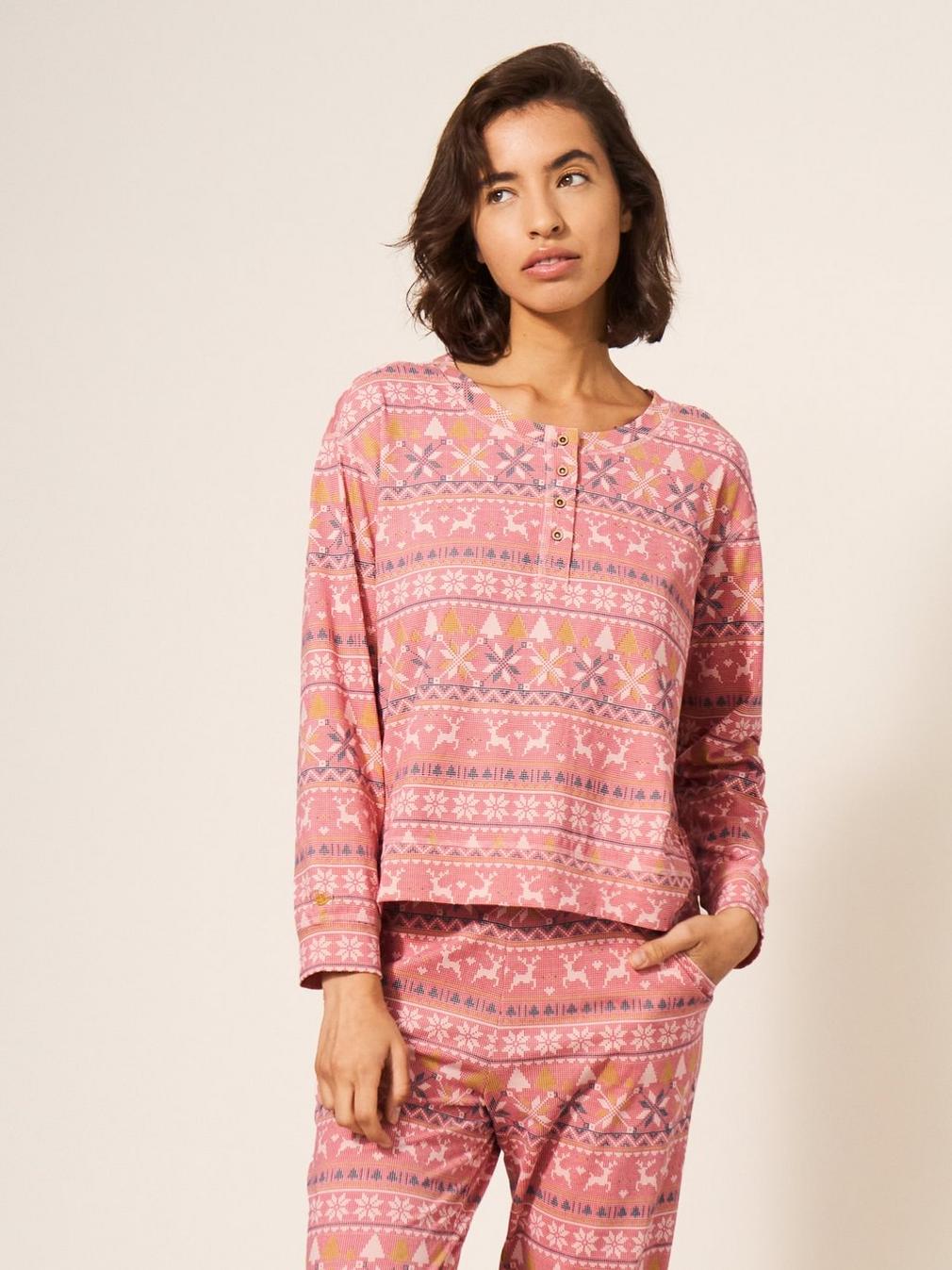 Fairisle Reindeer PJ Top in PINK MLT - MODEL DETAIL