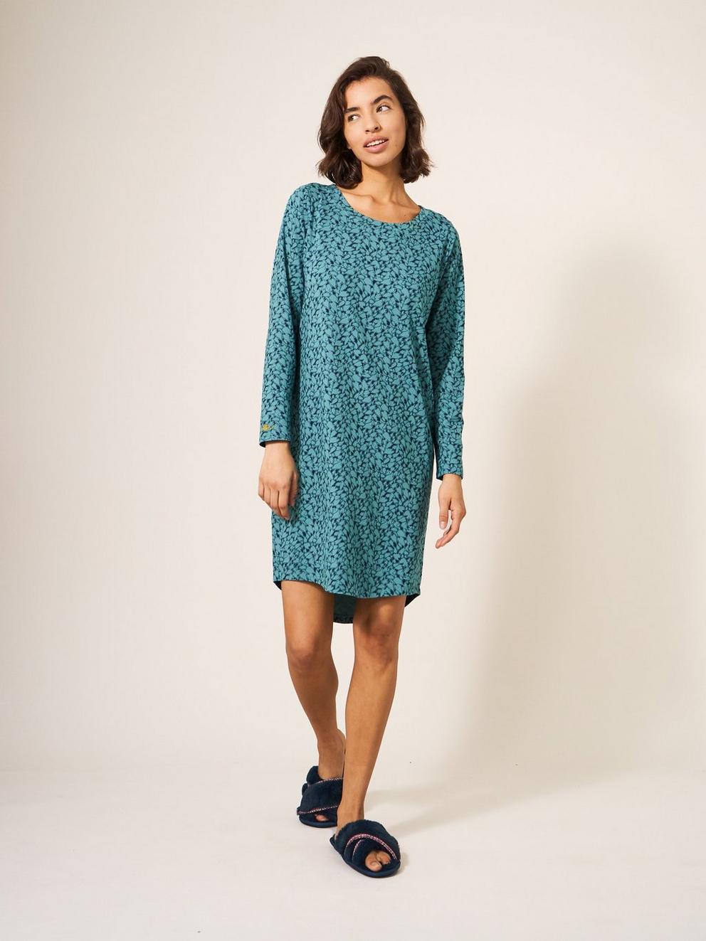 Eva Long Sleeve Jersey Nightie in TEAL MLT - LIFESTYLE