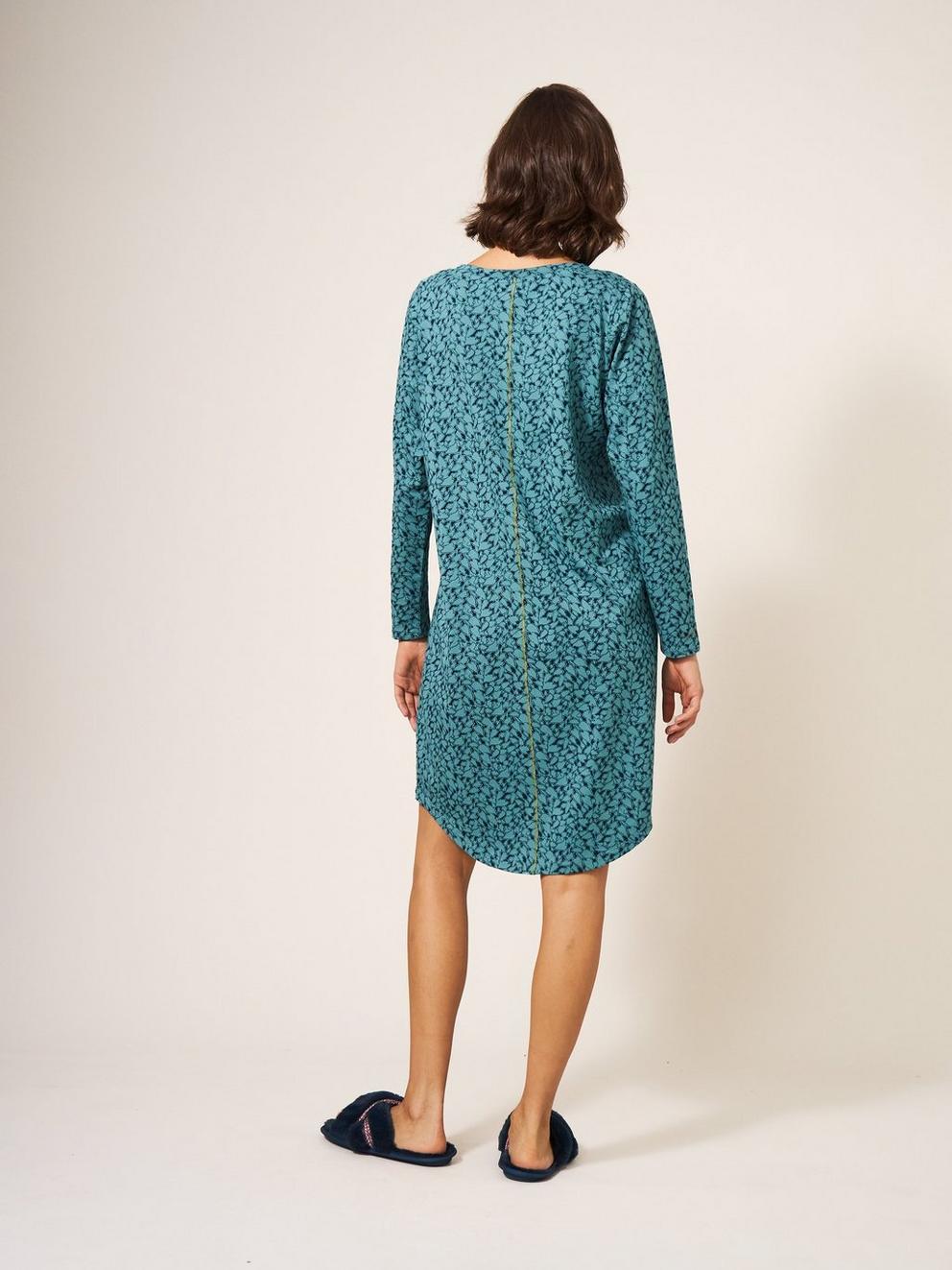 Eva Long Sleeve Jersey Nightie in TEAL MLT - MODEL BACK