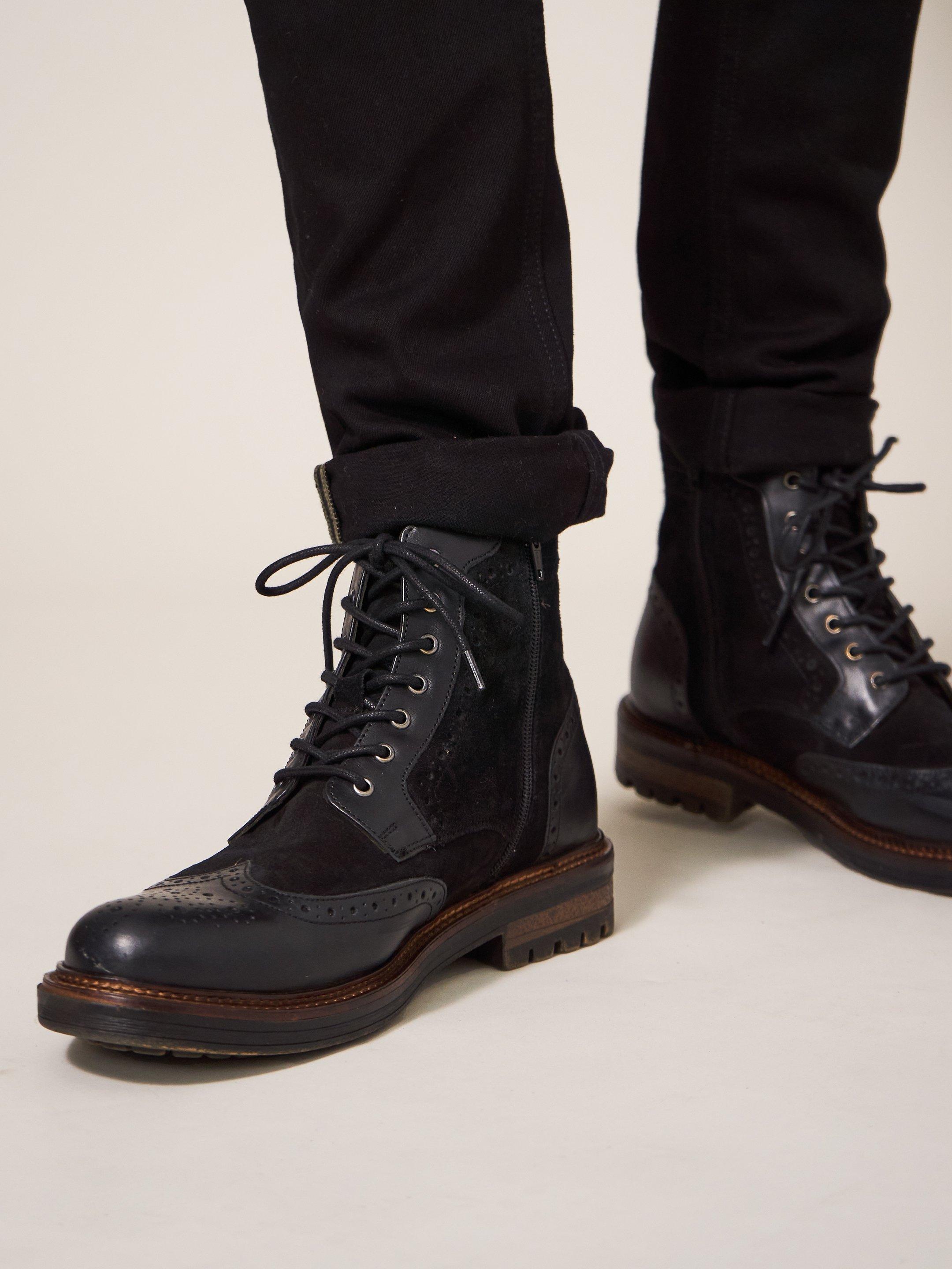 Brogue Leather Lace Up Boot in PURE BLK - LIFESTYLE