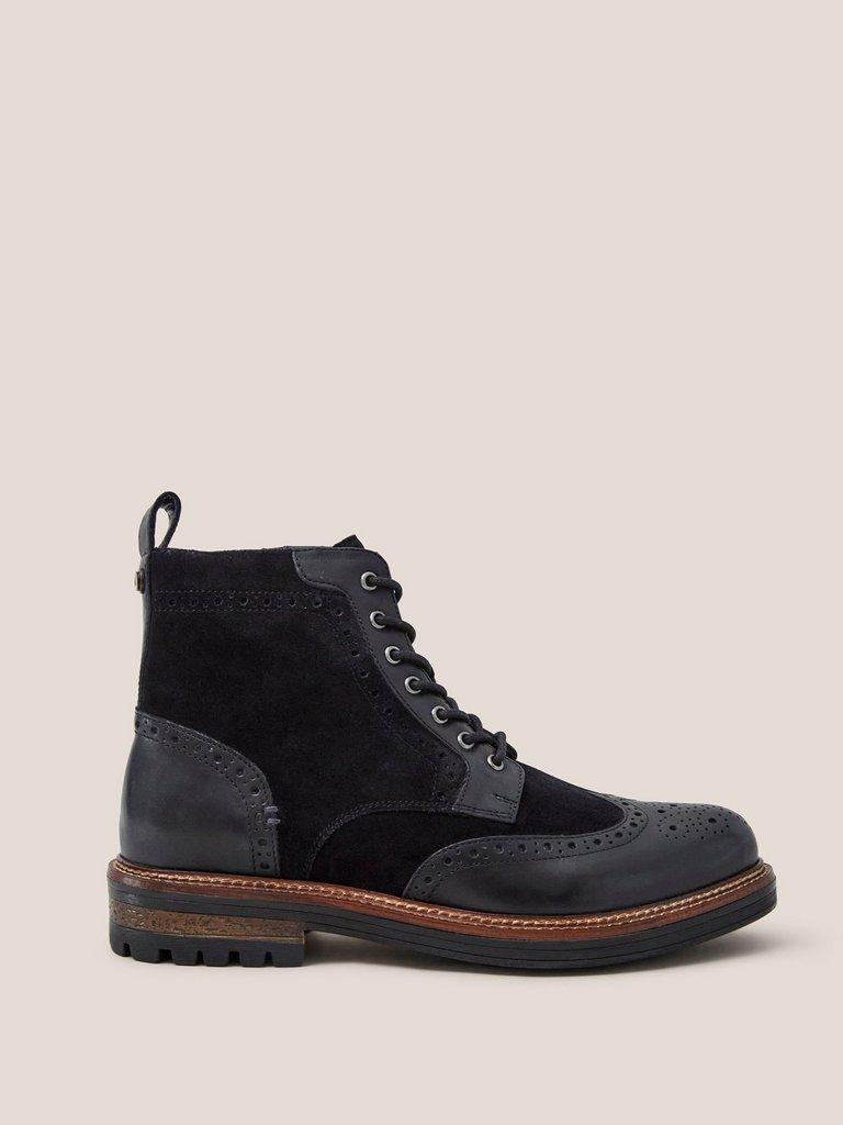 Brogue Leather Lace Up Boot in PURE BLK - MODEL FRONT