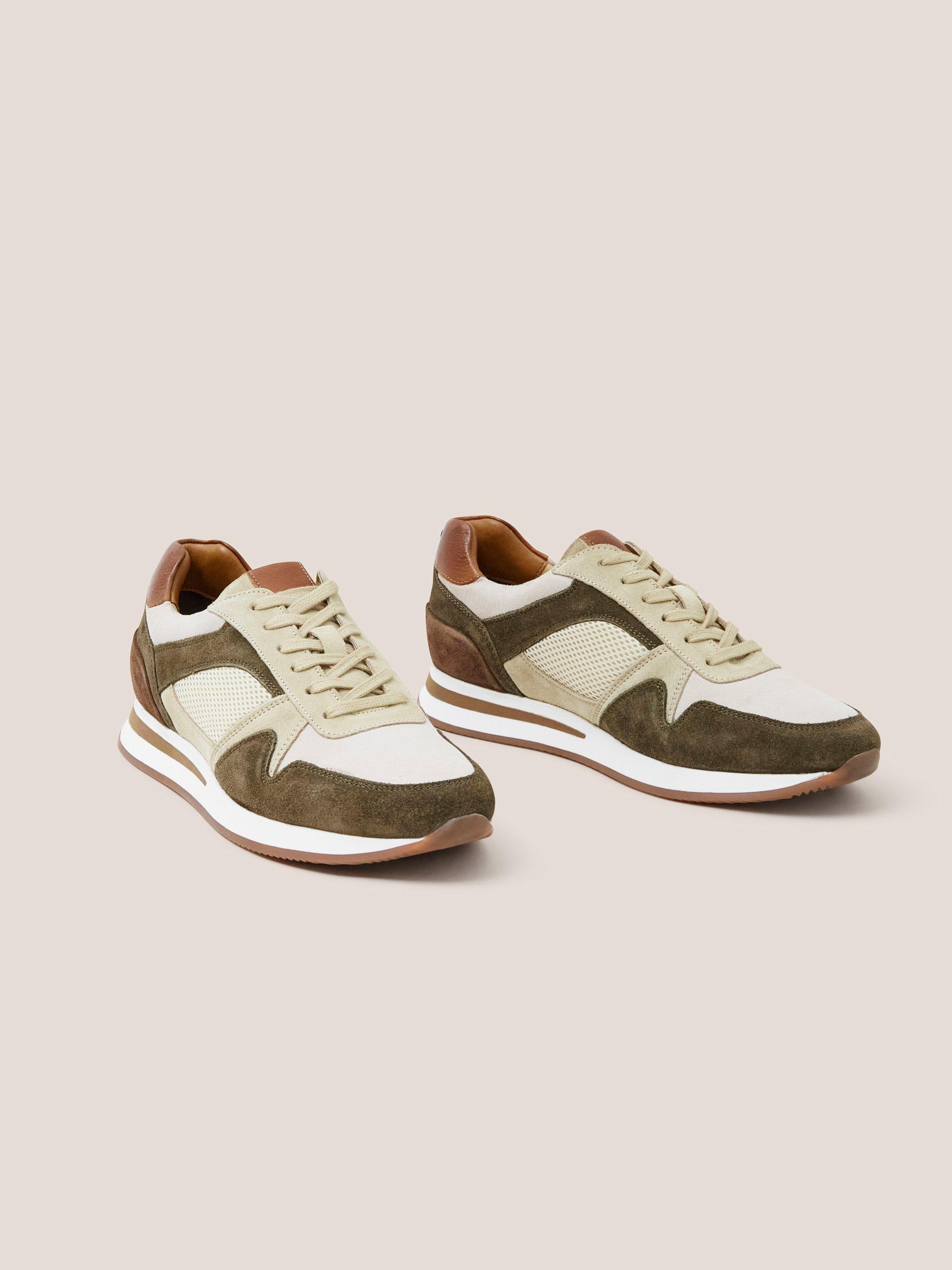 Leather Retro Lace Up Trainer in KHAKI GRN - FLAT FRONT