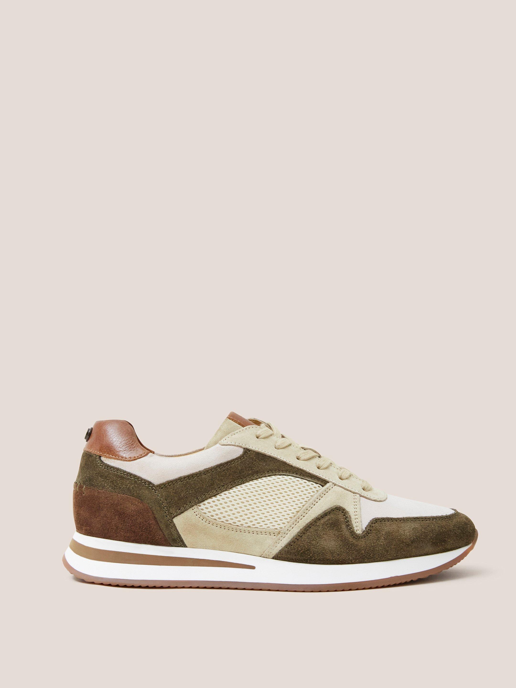 Leather Retro Lace Up Trainer in KHAKI GRN - MODEL FRONT