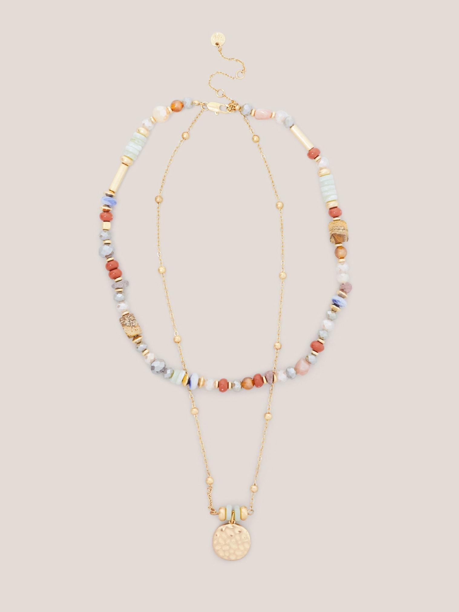Stone Bead Multi Row Necklace in BROWN MLT - FLAT FRONT