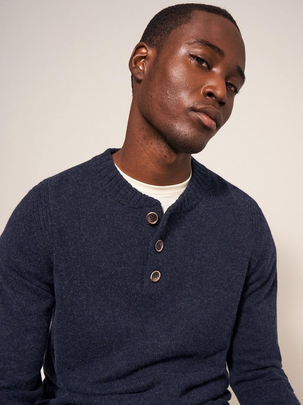 Lambswool Long Sleeve Henley in DARK NAVY - MODEL DETAIL