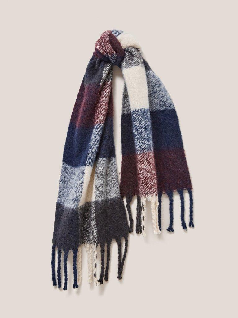 Shelly Woven Check Scarf in NAVY MULTI - MODEL FRONT