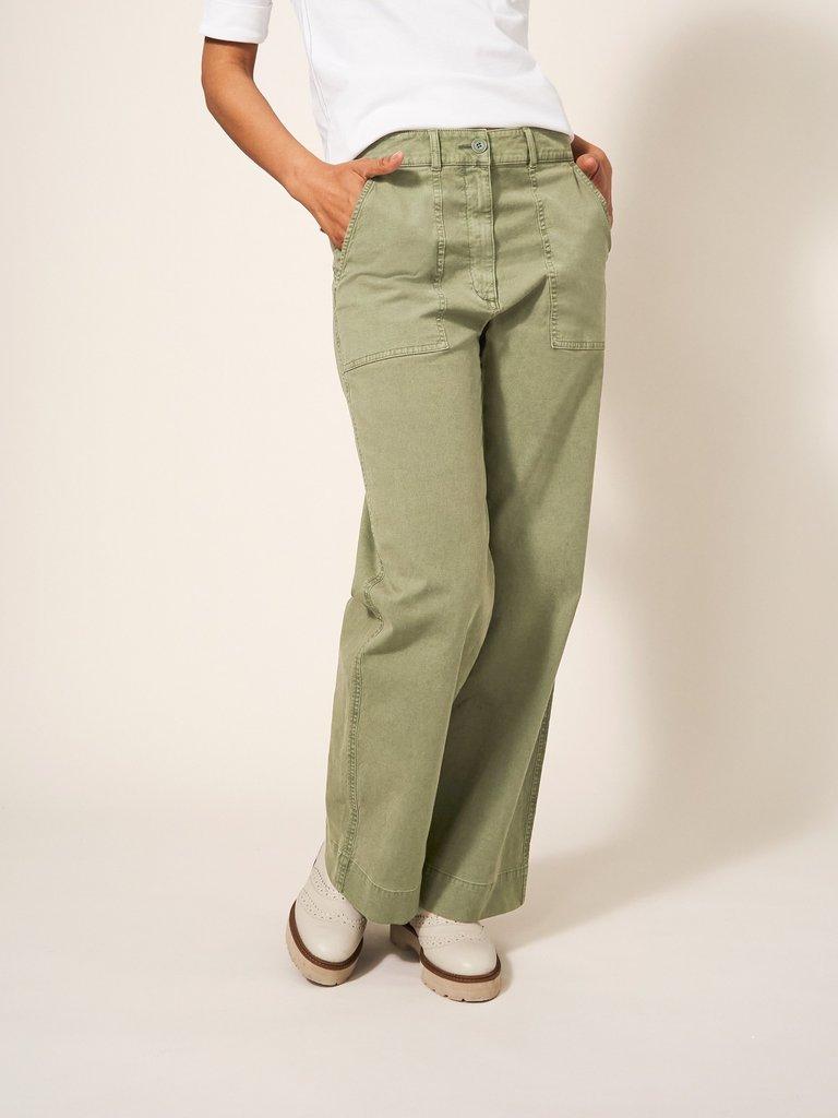 Twister Wide Leg Chino in MID GREEN - MODEL DETAIL