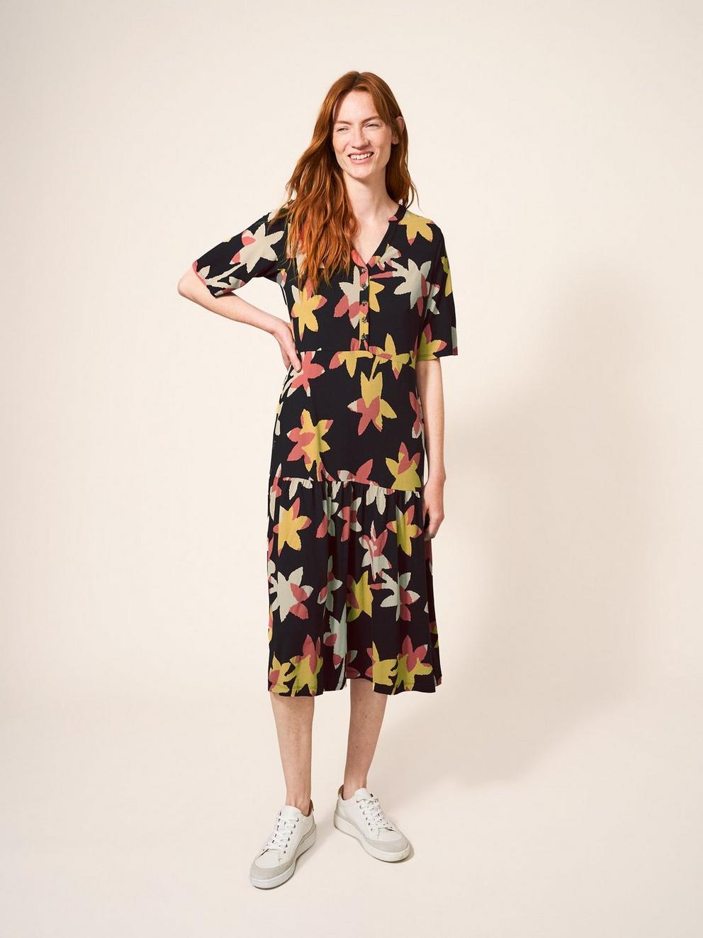 Sabina Midi Dress in BLK MLT - MODEL FRONT