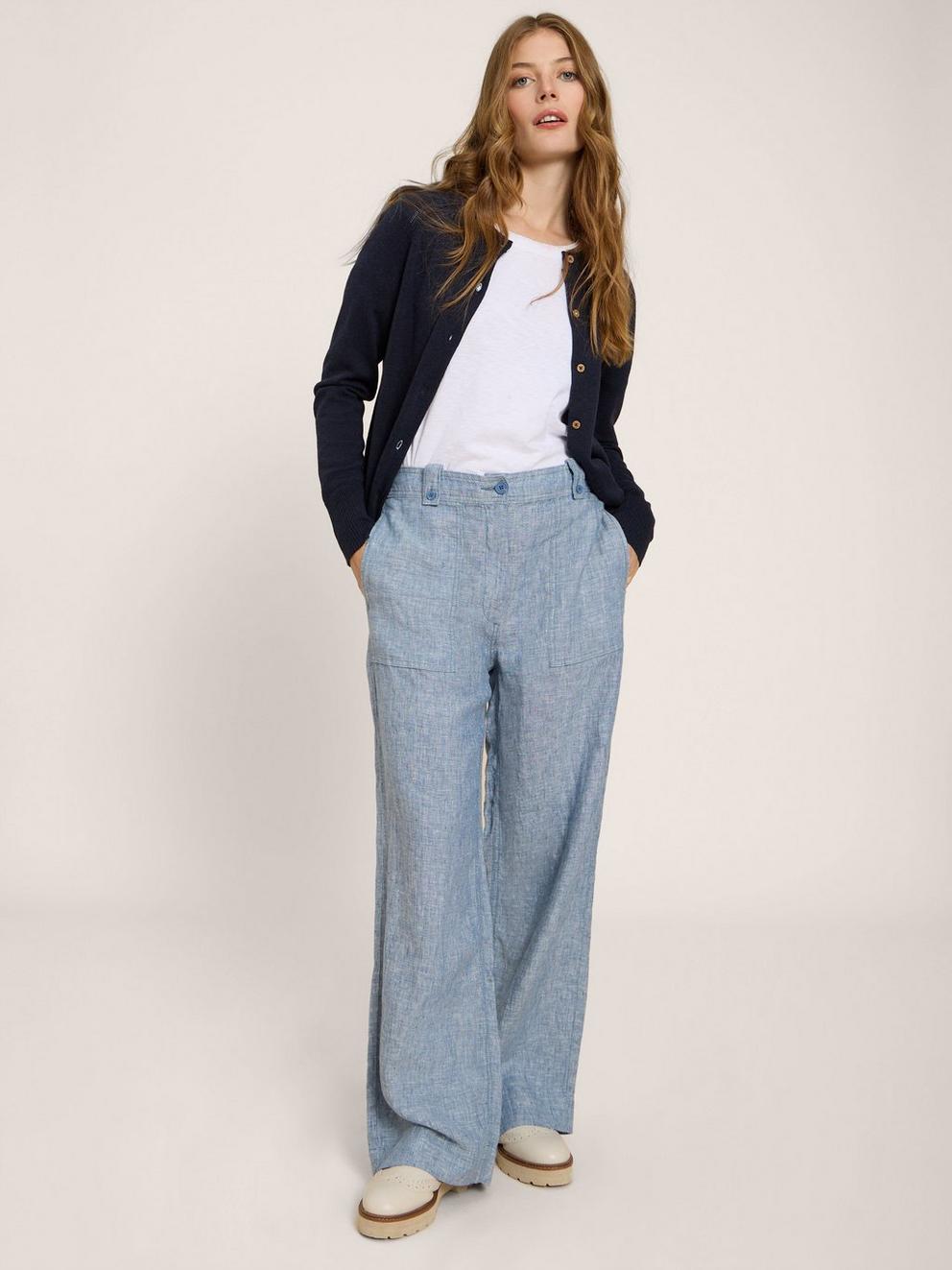 Belle Wide Leg Linen Trouser in CHAMB BLUE - LIFESTYLE