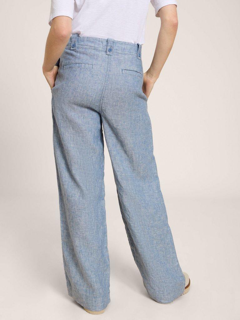 Belle Wide Leg Linen Trouser in CHAMB BLUE - MODEL BACK