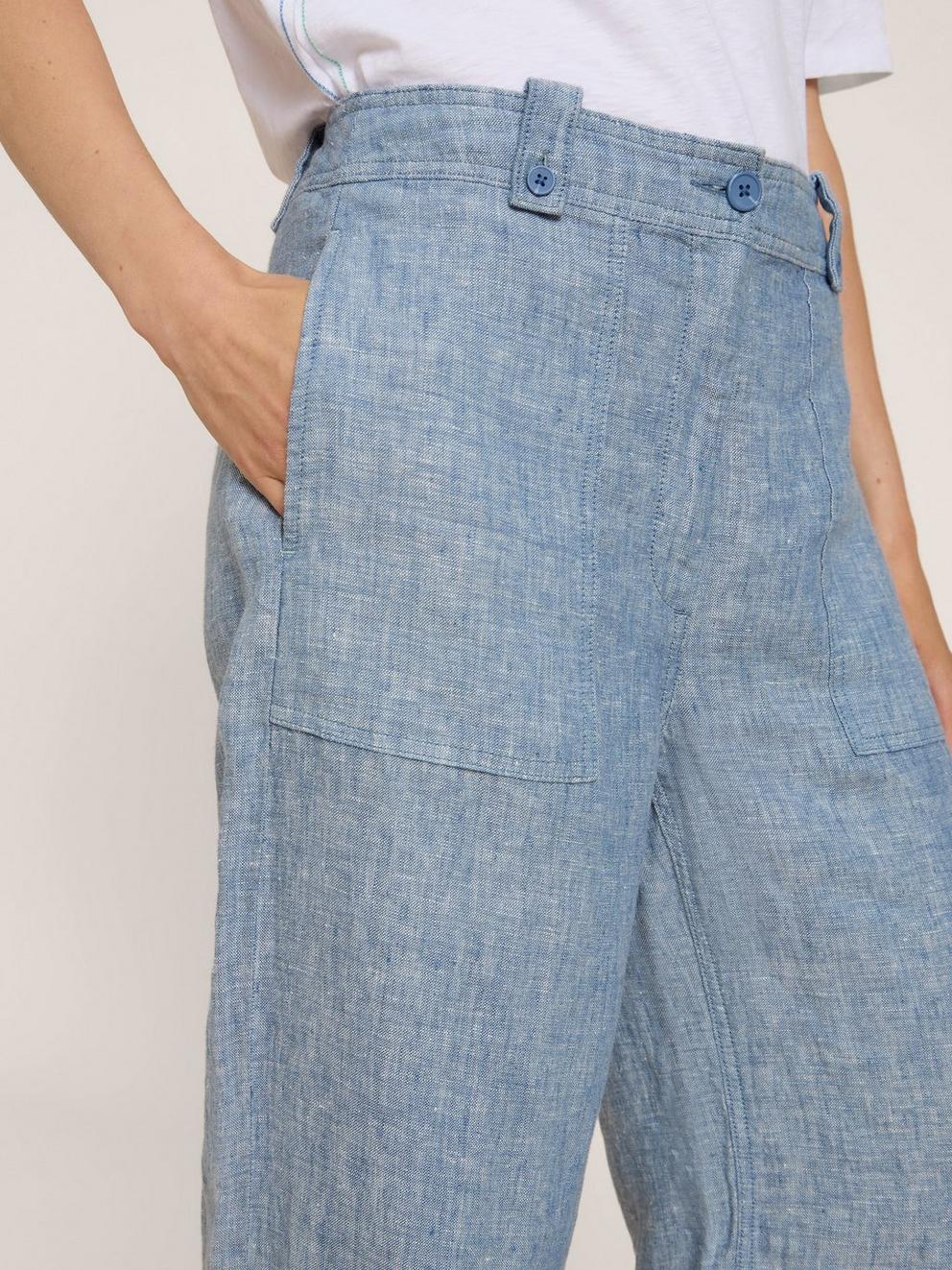 Belle Wide Leg Linen Trouser in CHAMB BLUE - MODEL DETAIL