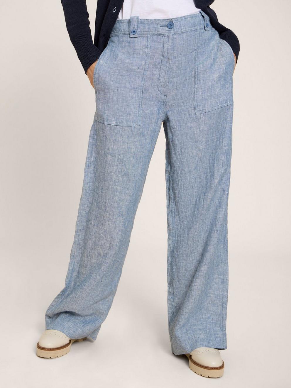 Belle Wide Leg Linen Trouser in CHAMB BLUE - MODEL FRONT