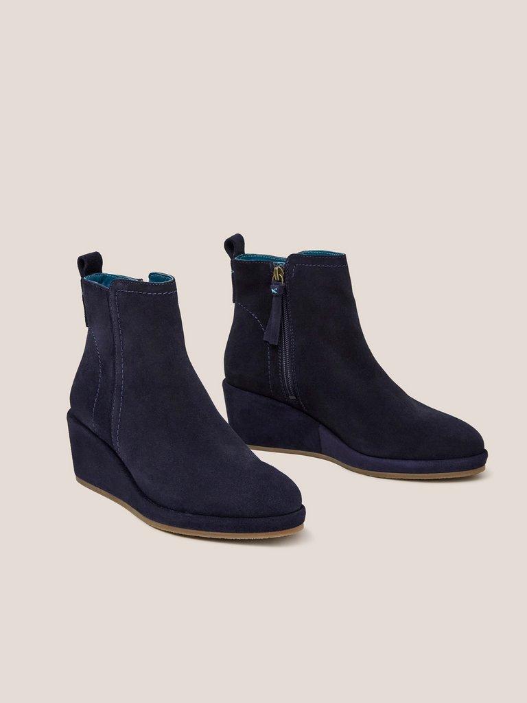 Luna Suede Wedge Ankle Boot in DARK NAVY - FLAT FRONT