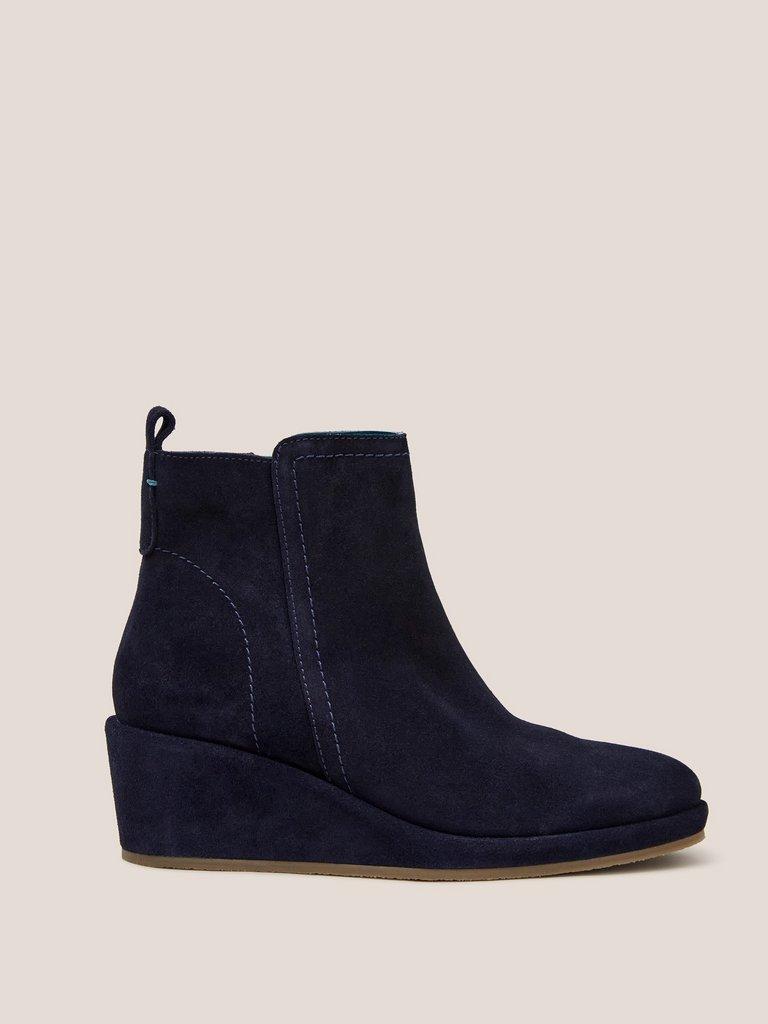 Luna Suede Wedge Ankle Boot in DARK NAVY - MODEL FRONT