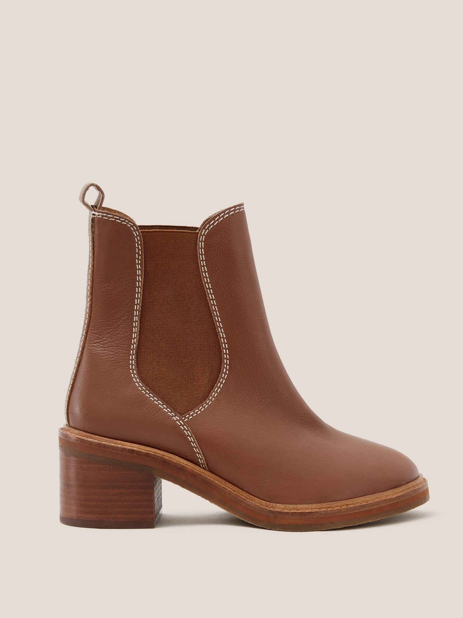 Connie Leather Chelsea Boot in MID TAN - MODEL FRONT
