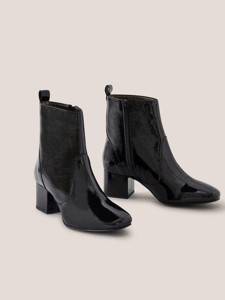 Cilla Patent Mid Heel Boot in PURE BLACK White Stuff