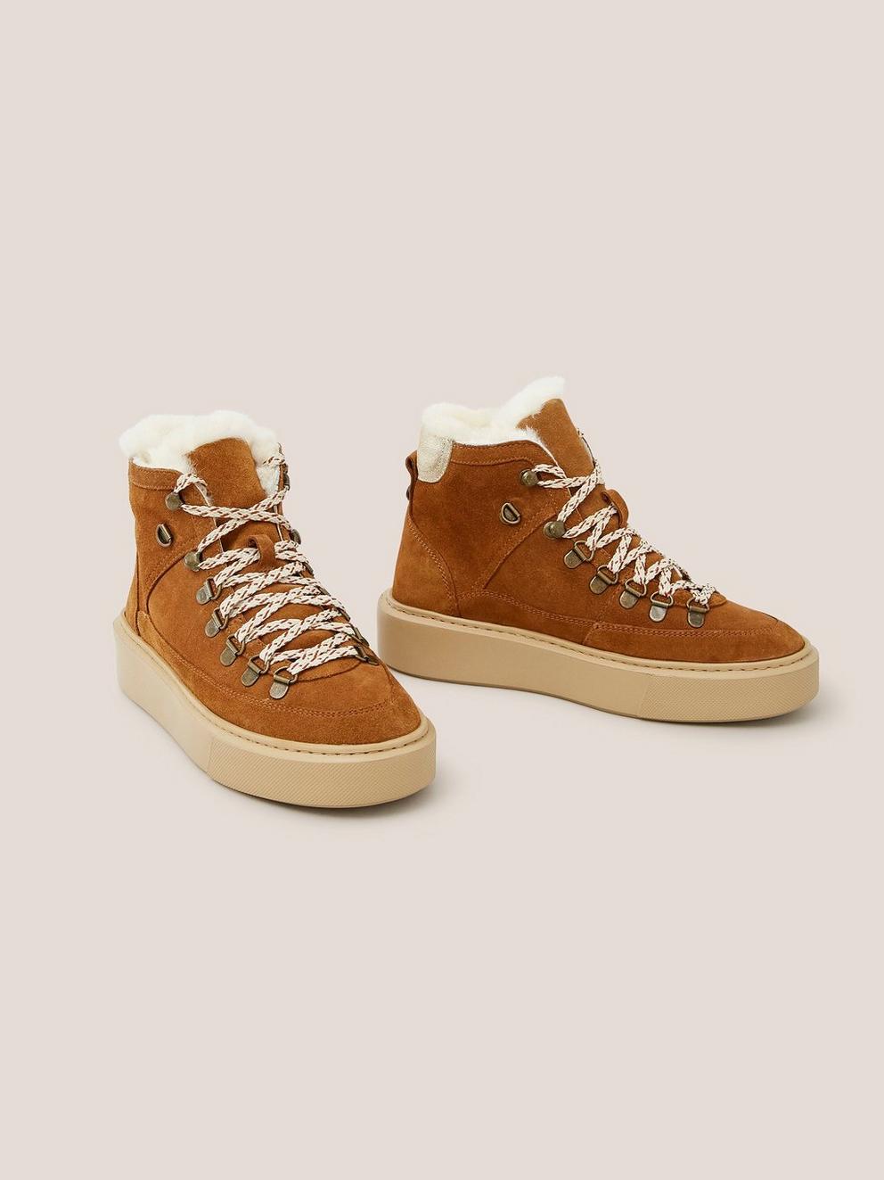 Suede Shearling Hiker Bootie in DARK TAN - FLAT FRONT