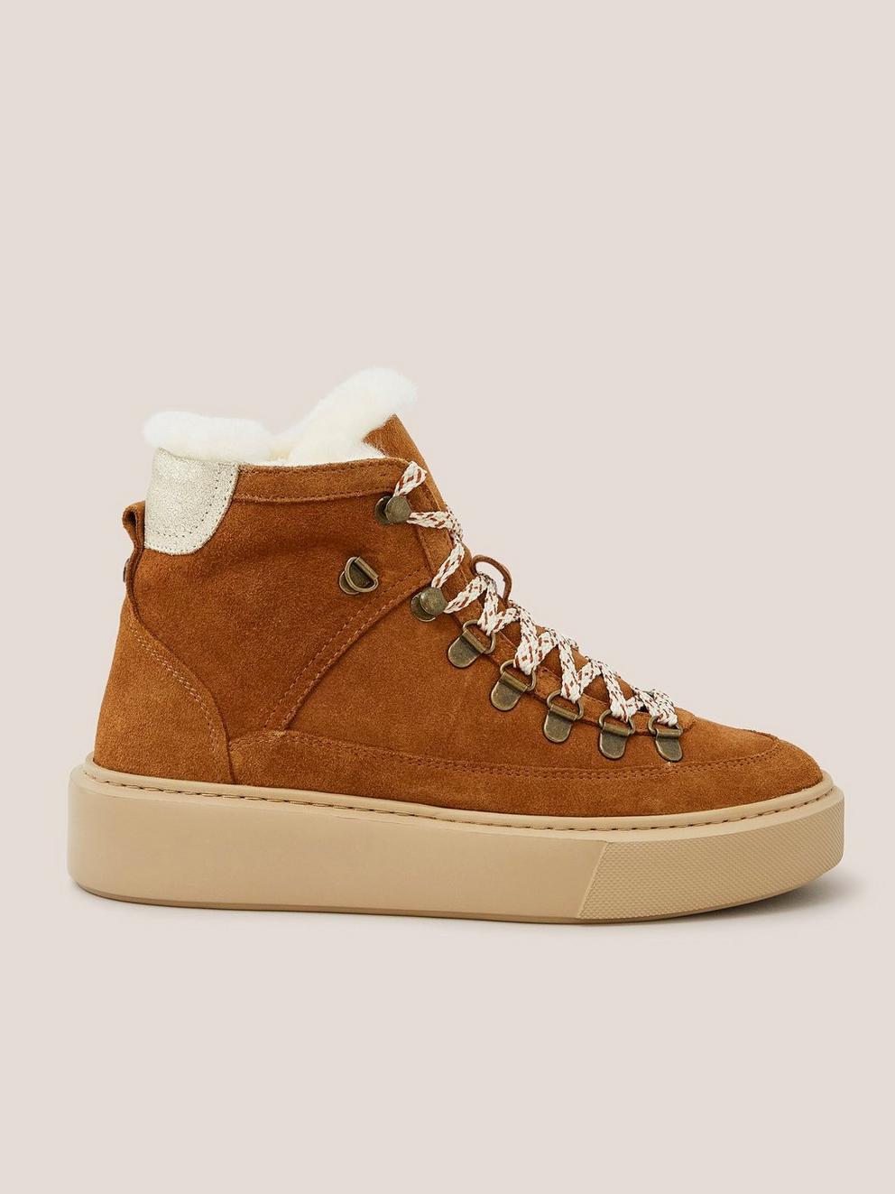 Suede Shearling Hiker Bootie in DARK TAN - MODEL FRONT