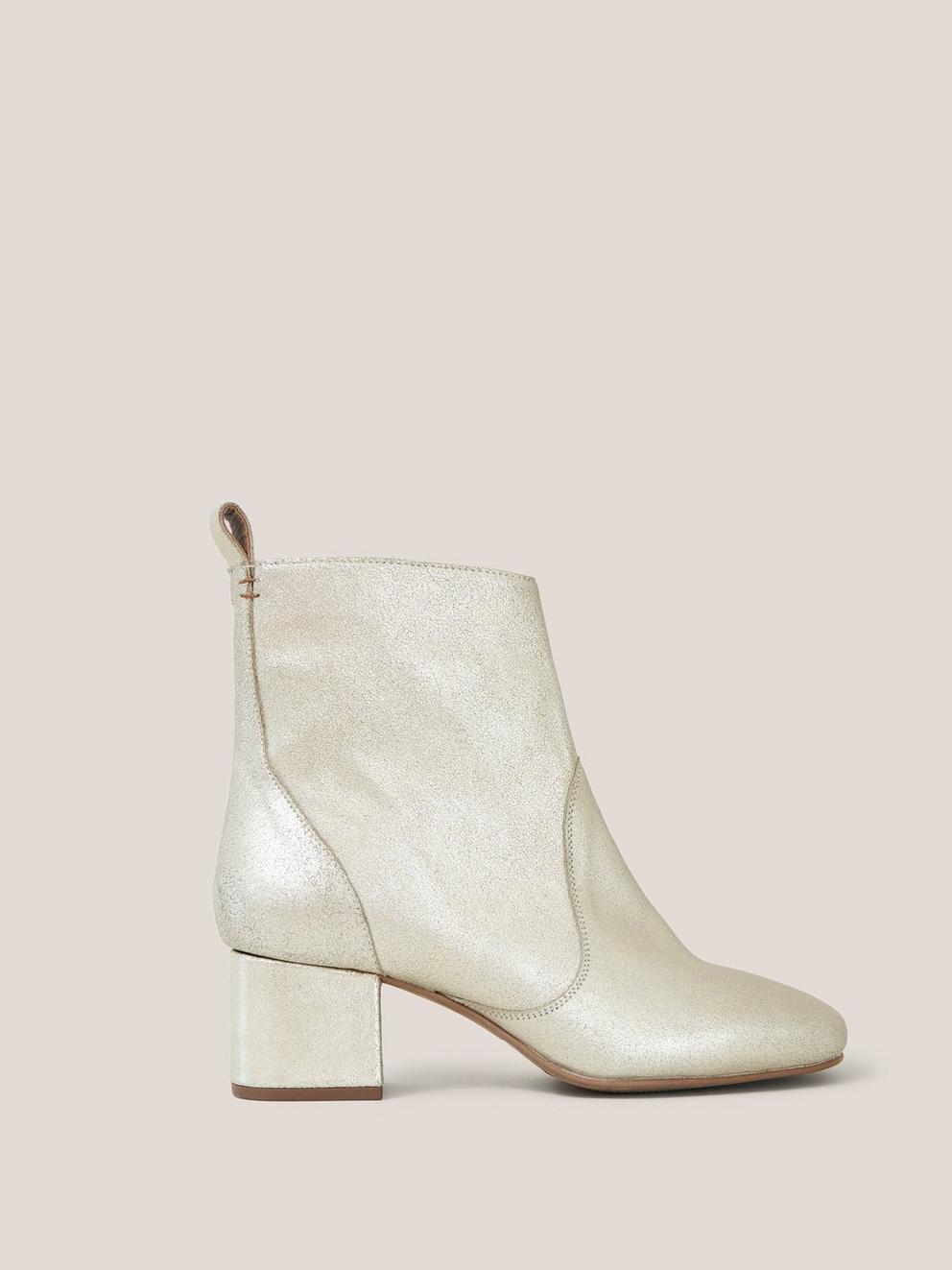 Cilla Leather Mid Heel Boot in GLD TN MET - MODEL FRONT