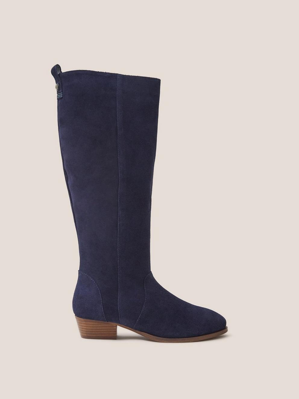 Willow Suede Knee High Boot in DARK NAVY - MODEL FRONT