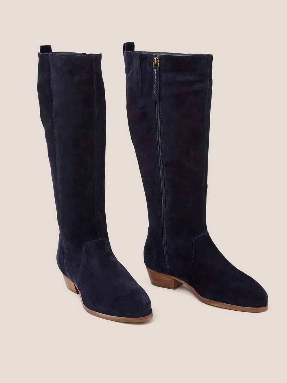 Suede Knee Wide Fit High Boot in DARK NAVY - FLAT FRONT