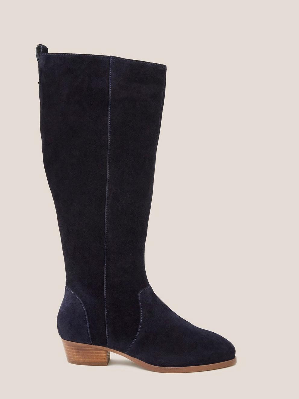 Suede Knee Wide Fit High Boot in DARK NAVY - MODEL FRONT